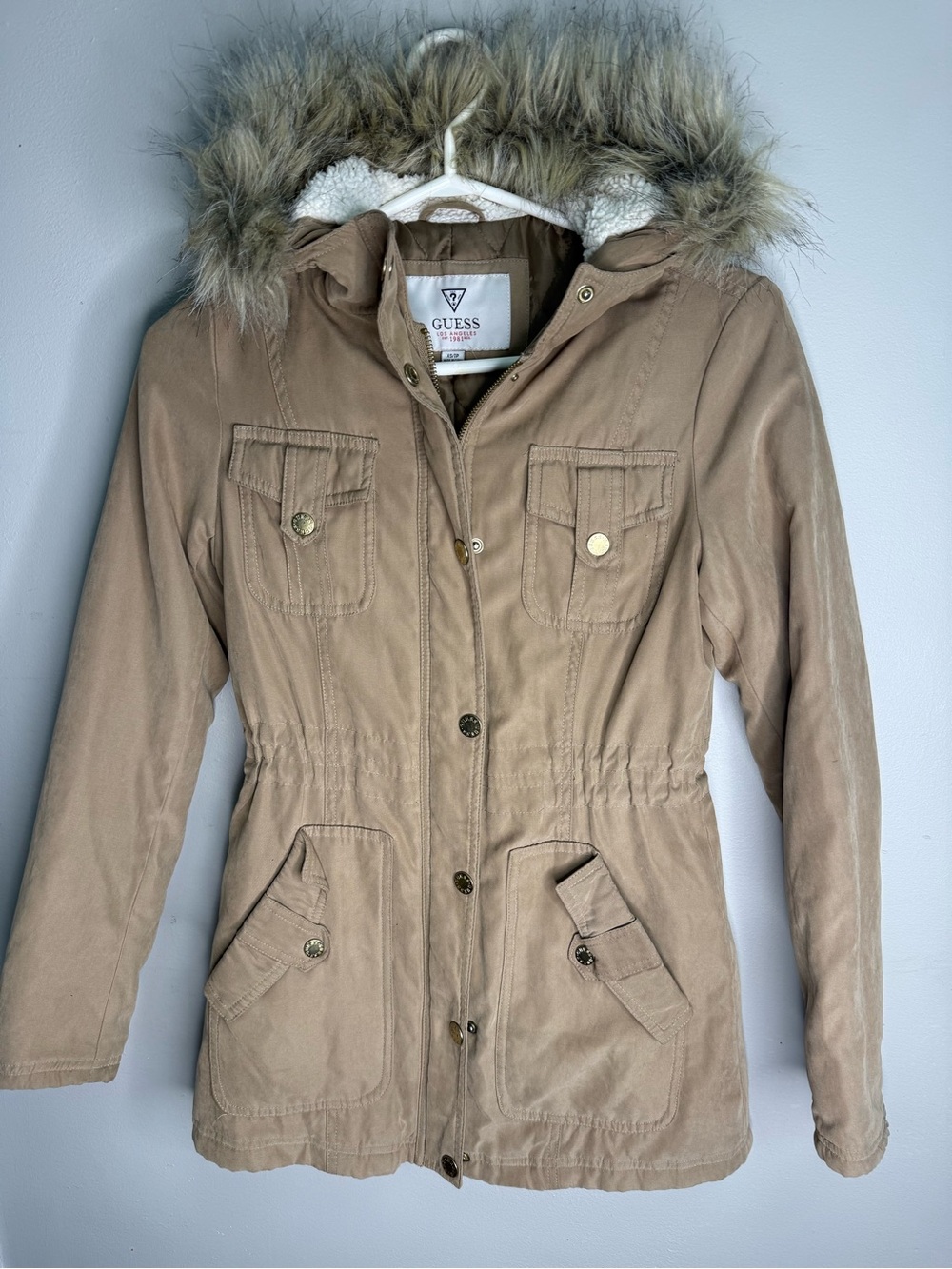 Guess Women's Tan Faux-Fur Hooded Utility Jacket XS